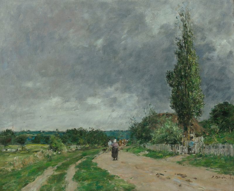 La route de Deauville de Eugène Boudin, impresionismo, paisaje con un camino sinuoso y árboles