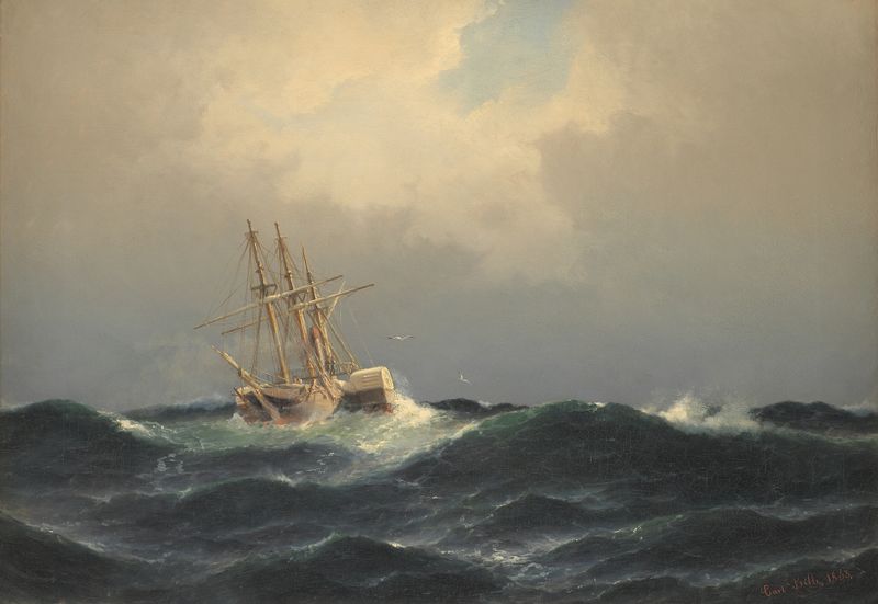 Oil painting by Carl Bille depicting a steamship in a stormy ocean