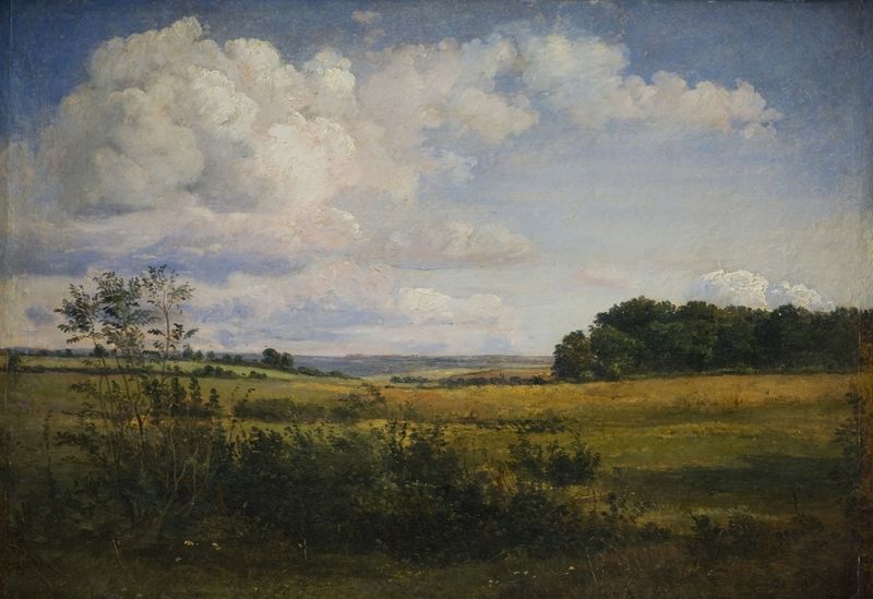 Landscape with Sunlit Clouds, oil on canvas by Dankvart Dreyer, featuring rolling hills and luminous clouds.