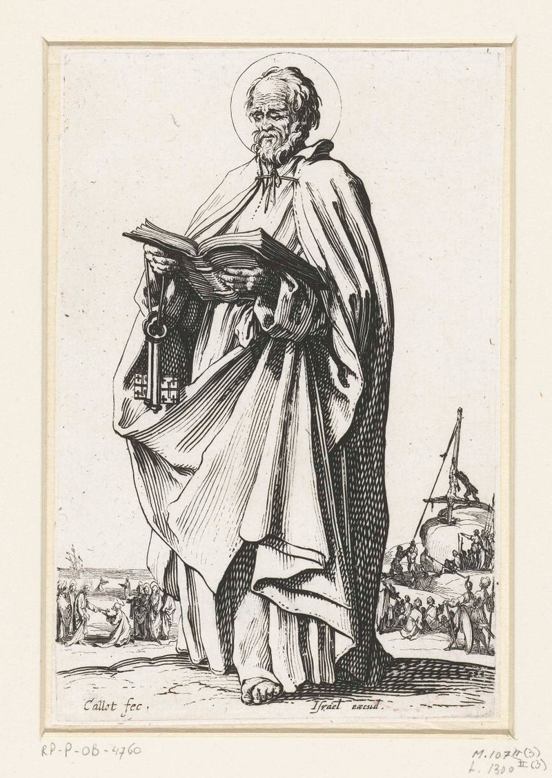 Apostel Petrus grabado de Jacques Callot que representa a San Pedro con túnicas fluidas.