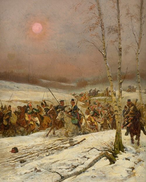 A dramatic scene of Cossacks being attacked during Napoleon's campaign.