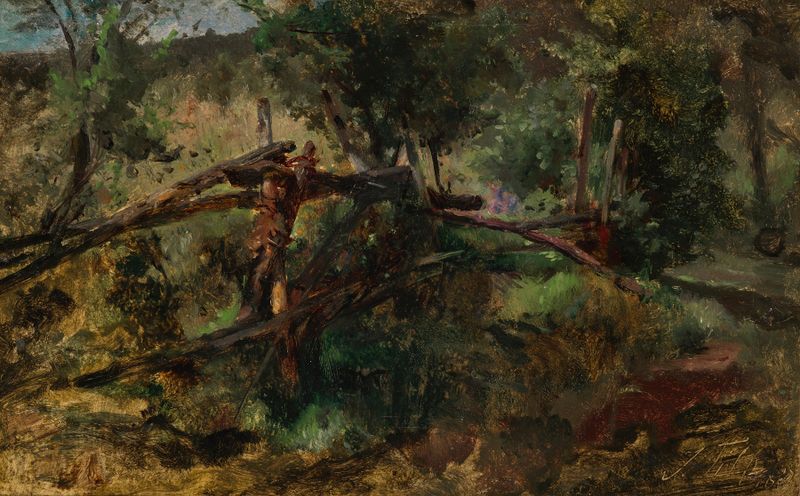 Waldweg mit Zaun, oil on canvas by Johann Till the younger, depicting a winding path and fence in lush greenery.