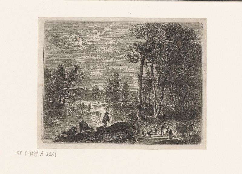 Gravura de Lucas van Uden mostrando fazendeiros e gado em uma paisagem noturna.