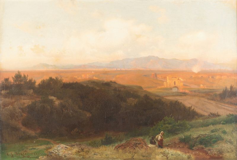 Sunset over the Roman Campagna, óleo de Carl Gustav Rodde