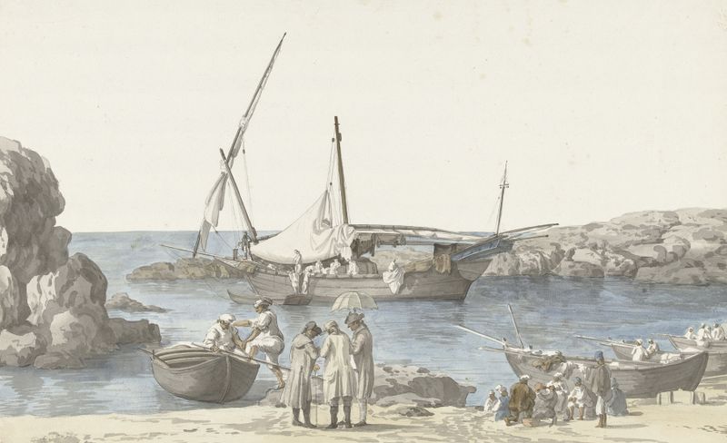 Cena marinha com um porto e barcos, pintura a óleo de Abraham-Louis-Rodolphe Ducros