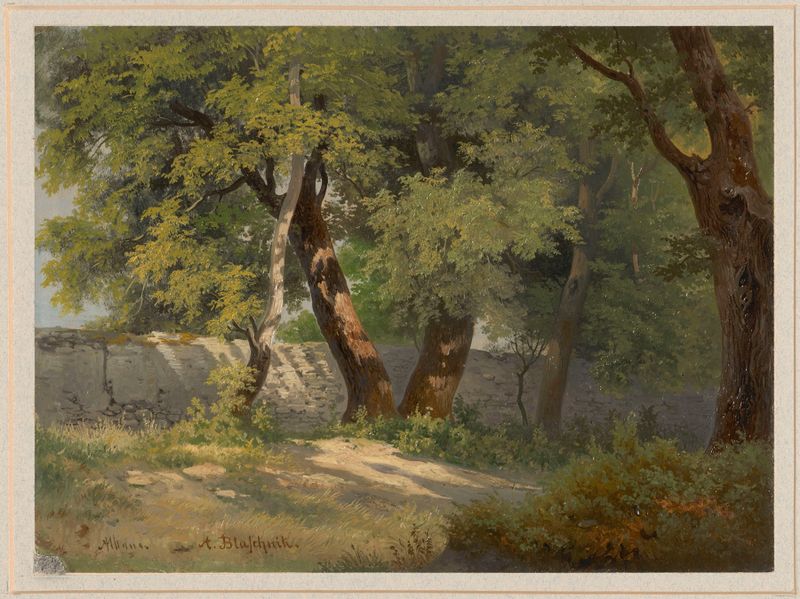 Forest road in Albano de Arthur Blaschnik, pintura a óleo que retrata uma paisagem serena com árvores e luz.