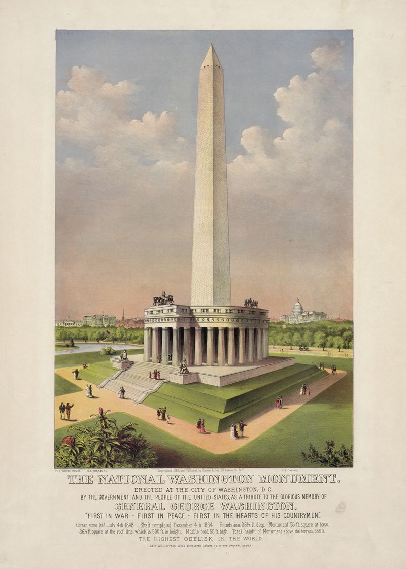 O Monumento Nacional a Washington litografia de Currier & Ives contra um céu suave.