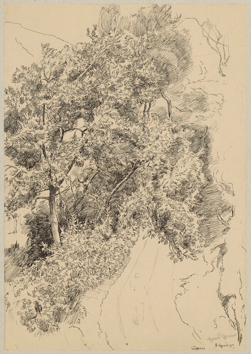 Paisagem com uma estrada de montanha entre árvores de Hans Thoma, pintura a óleo, 1897