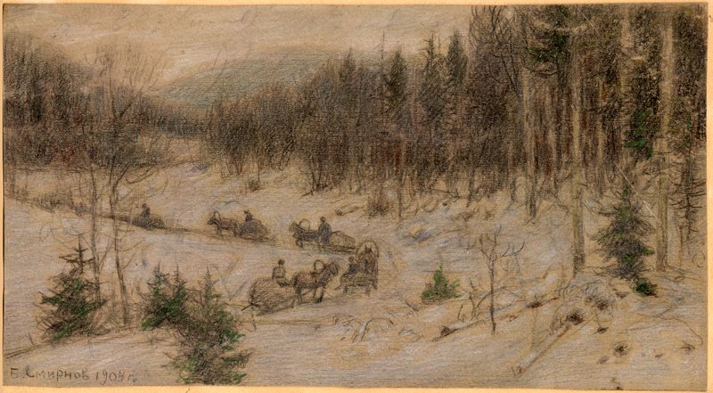 Siberian Road in Winter by Boris Vasilievich Smirnov, oil painting depicting carts on a snowy road