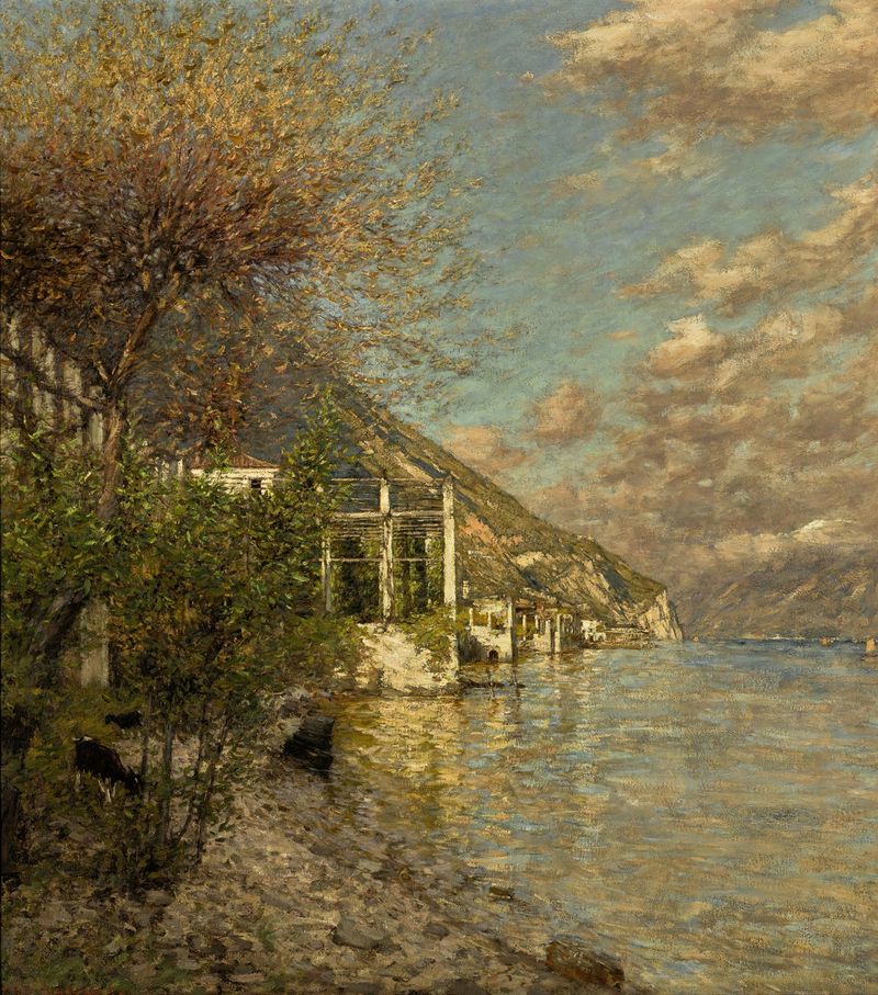 Escena marina con aguas brillantes y reflejos de Henry Herbert La Thangue, pintura al óleo