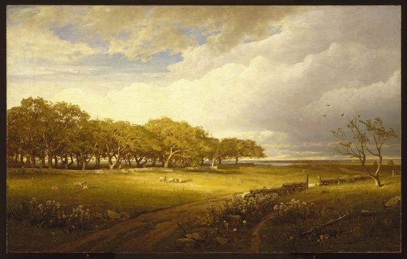 Old Orchard at Newport de William Trost Richards, pintura a óleo que retrata árvores exuberantes e verdes vibrantes.