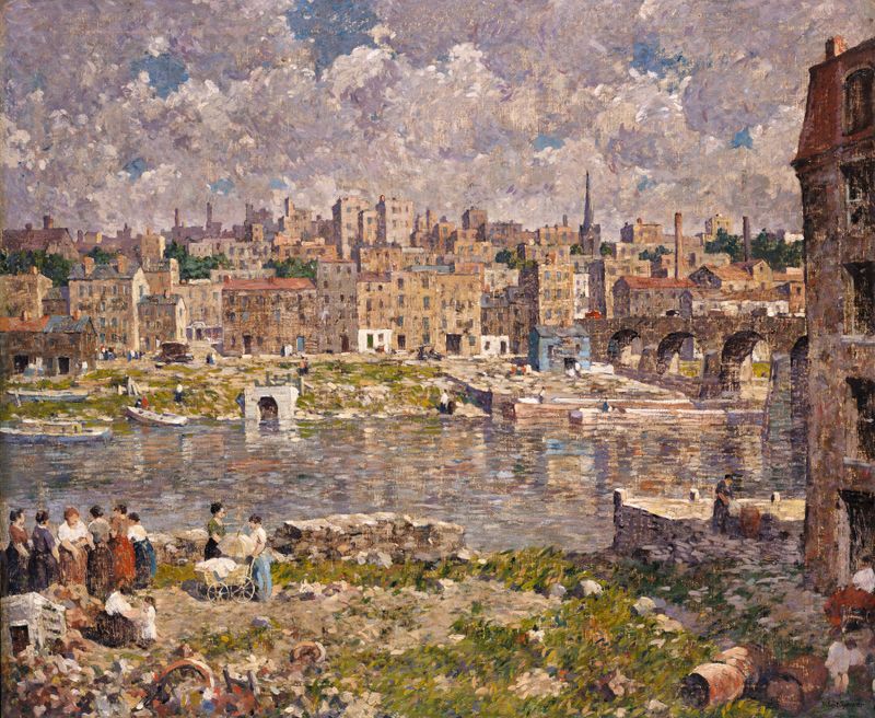 The Other Shore by Robert Spencer, oil on canvas, depicts a tranquil landscape with water reflections.