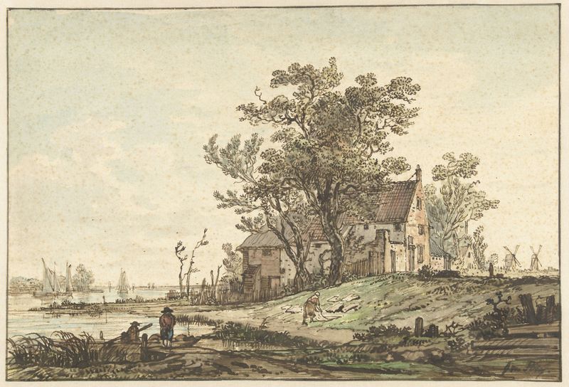 Oude boerderij aan een rivier by Jacob van Strij, oil painting depicting a farmhouse by a river.