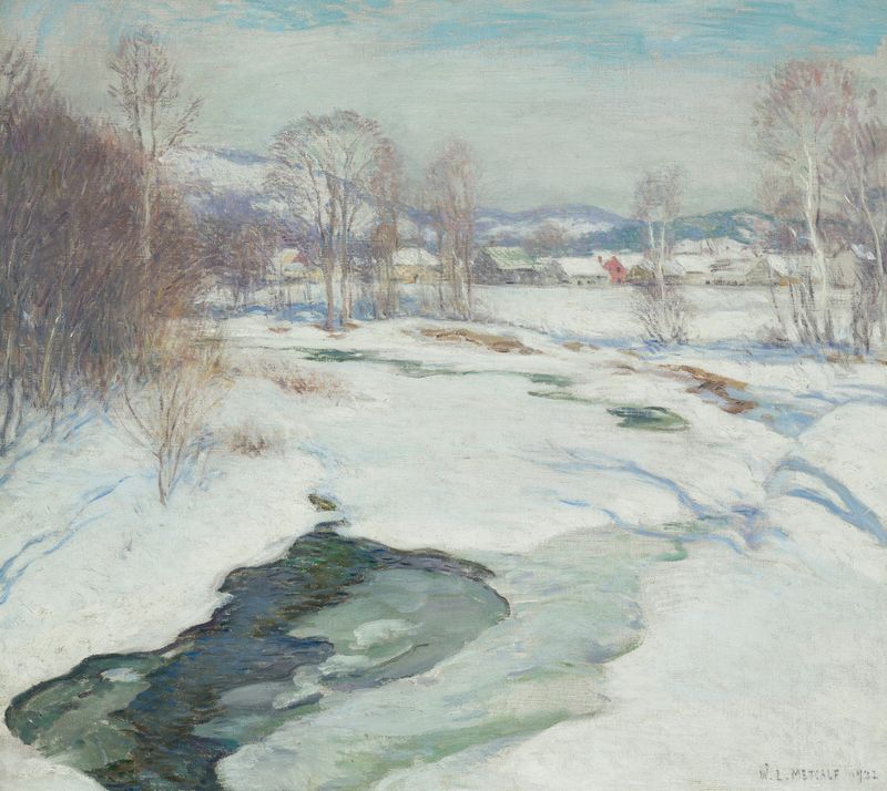Icebound Brook by Willard Leroy Metcalf, oil on canvas depicting a winter landscape with a brook.