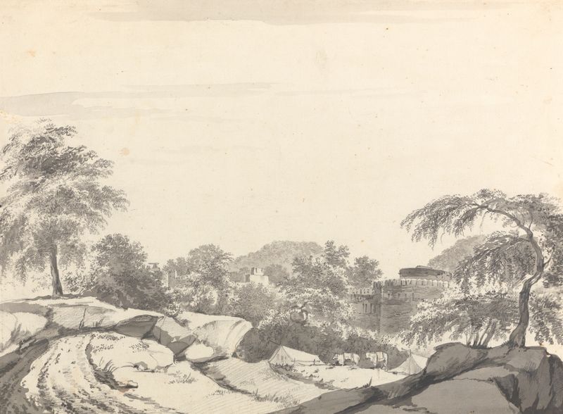 Desenho de paisagem de William Hodges, tinta sobre papel, apresentando árvores e colinas.