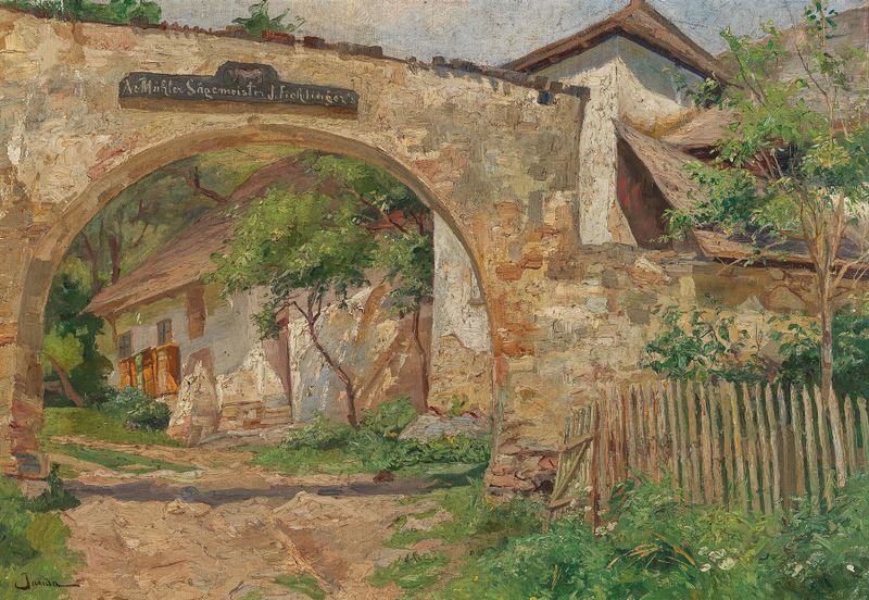 Pintura a óleo de uma paisagem de uma fazenda por Hermine von Janda