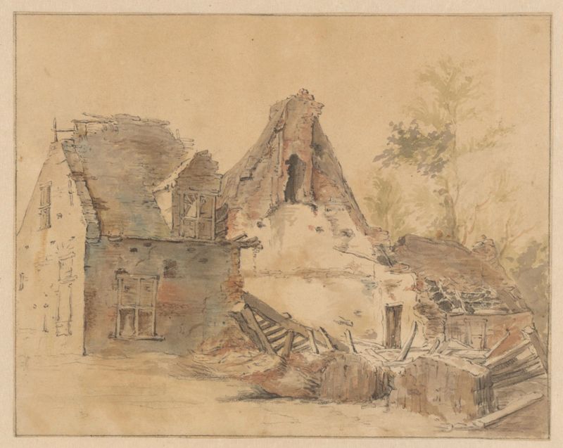Ruïne van een huis de Jacob de Vos, óleo sobre tela que retrata uma paisagem com ruínas e natureza.