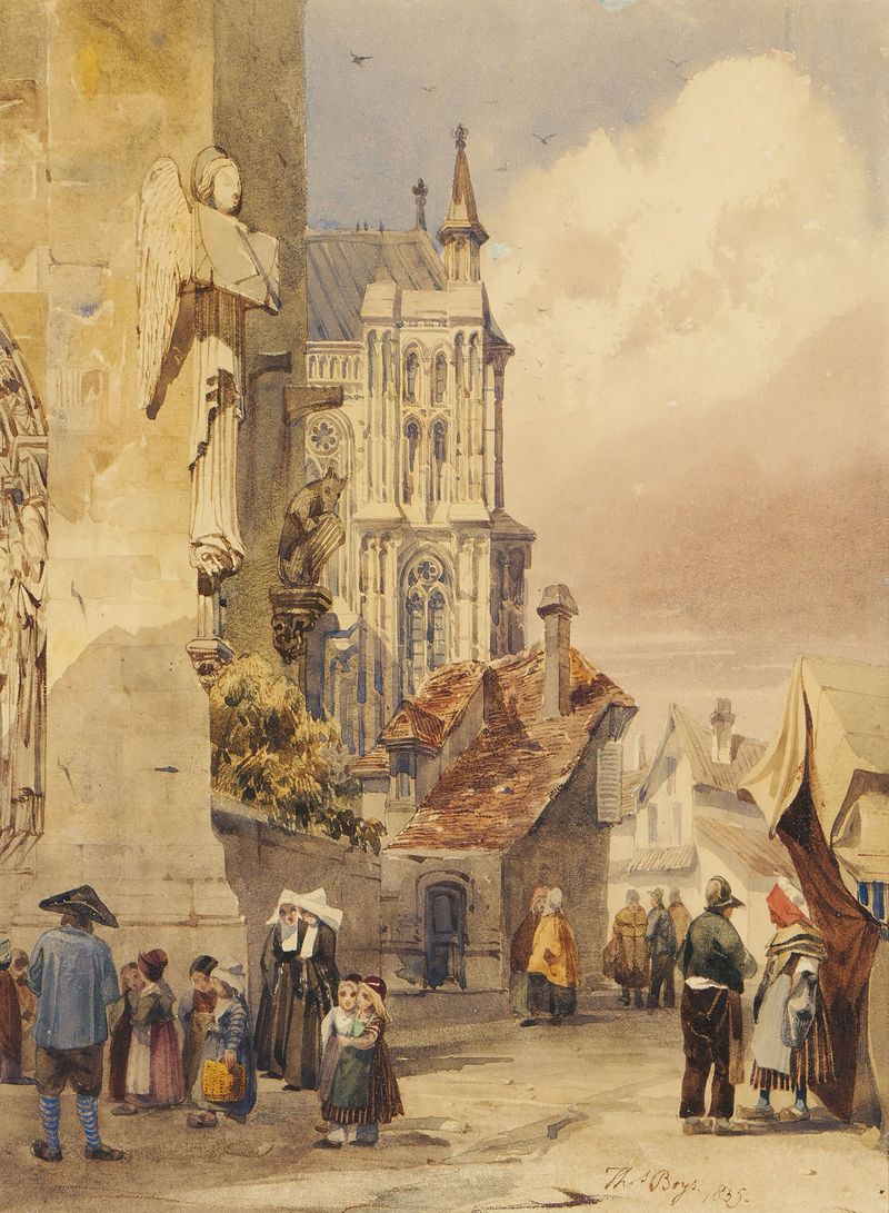 Pintura al óleo de La Catedral, Brujas de Thomas Shotter Boys, con intrincadas agujas y luz solar.