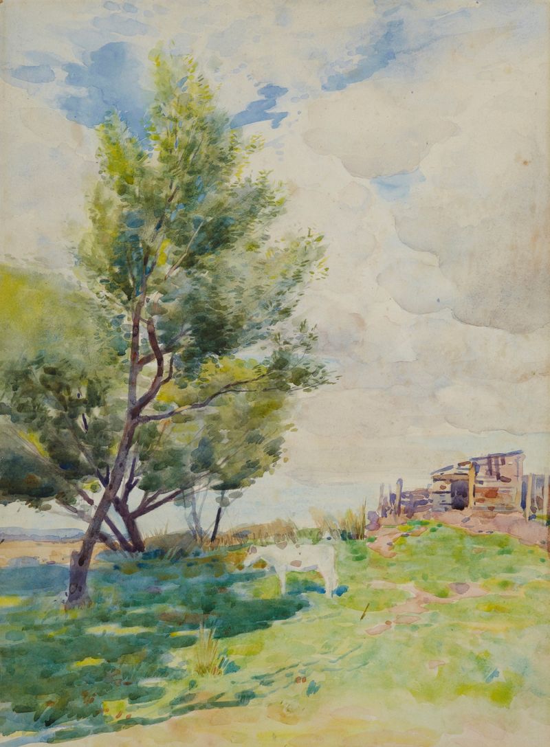 Hutt Valley landscape by James Nairn, oil painting depicting rolling hills and a serene valley.