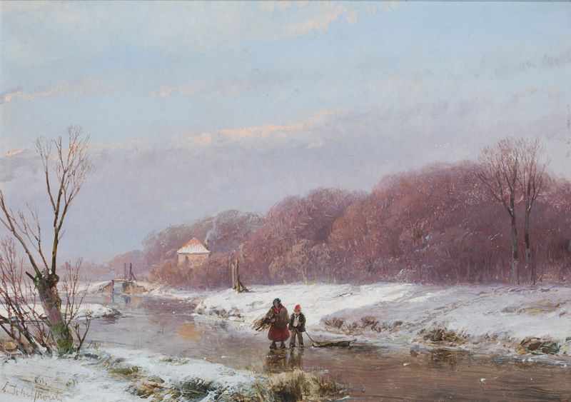 Un paisaje invernal con leñadores sobre el hielo, óleo de Andreas Schelfhout