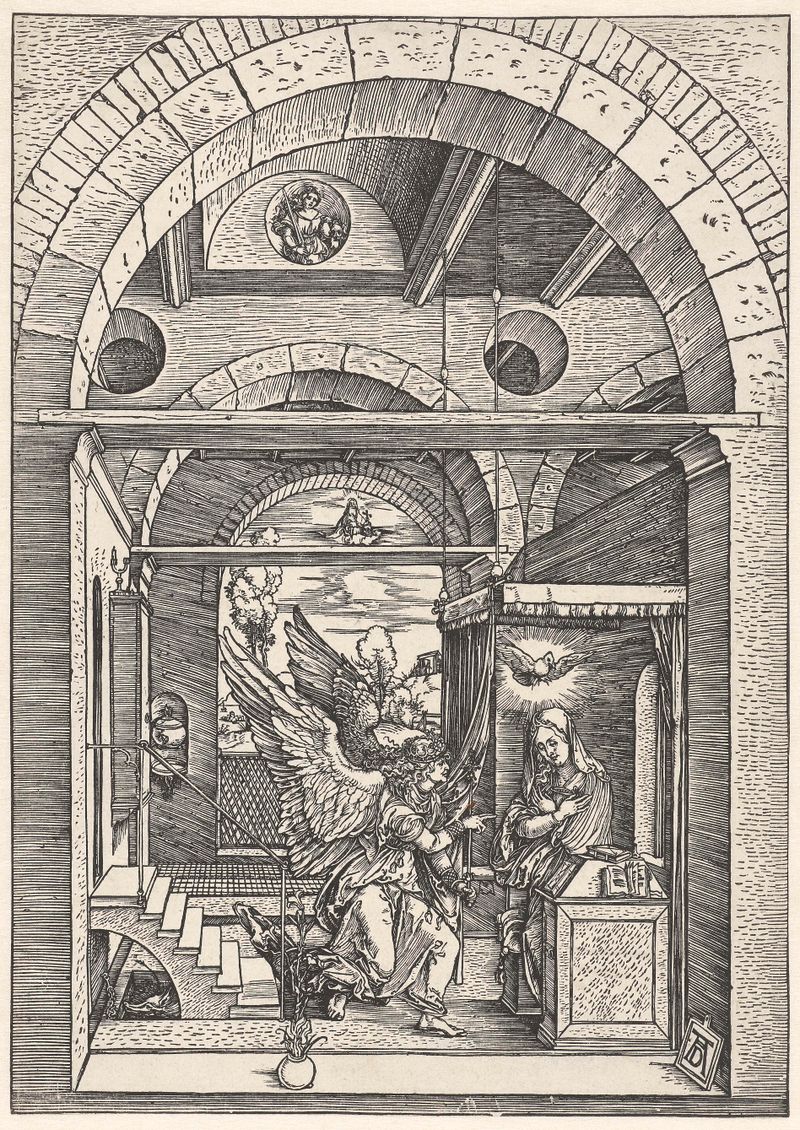 Escena religiosa con un ángel en luz, grabado de Albrecht Dürer
