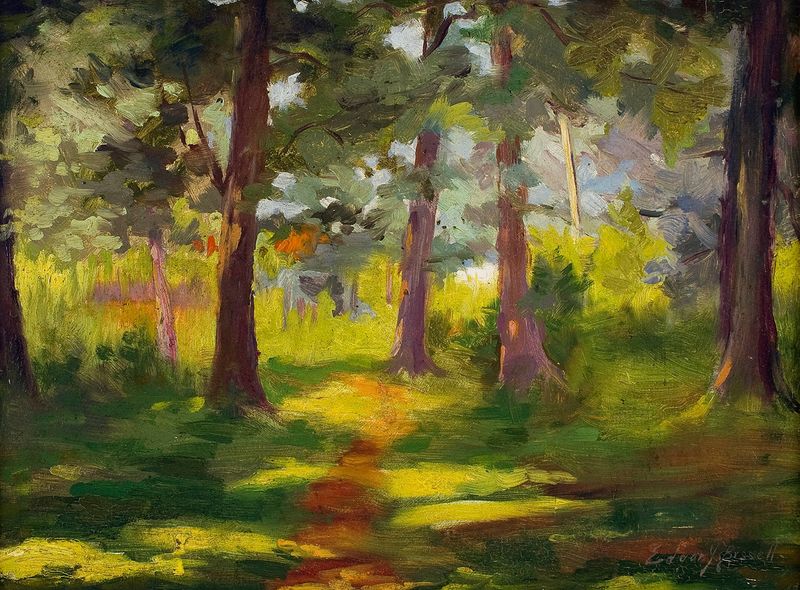 Paisaje de Edgar Julian Bissell, pintura al óleo que muestra un atardecer sobre el agua con suaves ondulaciones.