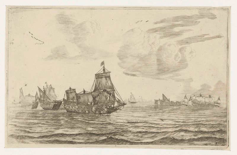 Cenário marinho com barcos ao amanhecer, gravura de Reinier Nooms