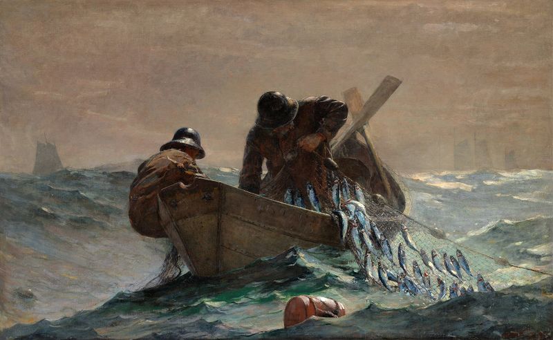 The Herring Net by Winslow Homer, oil on canvas, fishermen working with a net at twilight