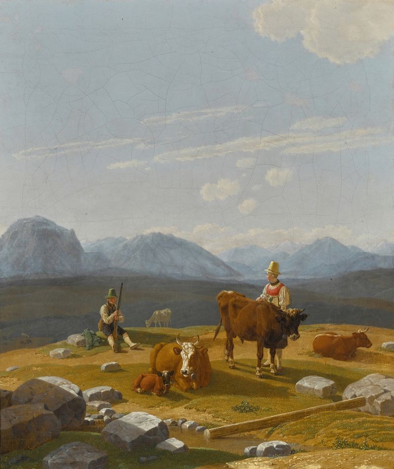 On the Alpine Pasture by Wilhelm von Kobell, oil painting depicting a serene landscape with grazing livestock.