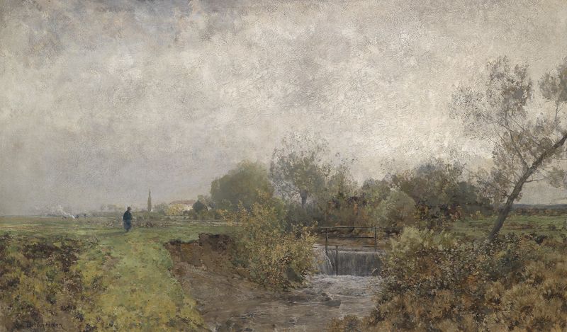 Moorlandschaft de Adolf Ditscheiner, pintura a óleo que retrata uma paisagem tranquila de charneca.