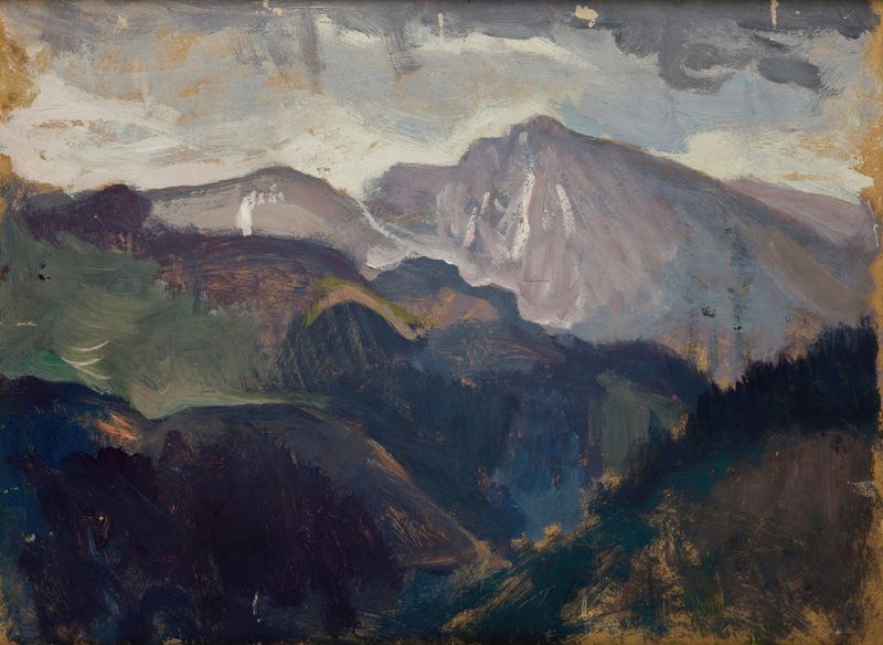 Landscape from the Tatra Mountains de Jan Stanisławski, pintura al óleo que representa montañas y bosque.