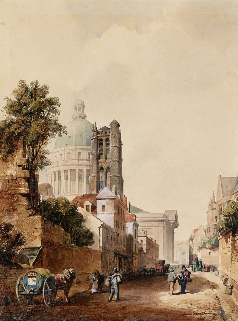 La Rue Clovis et le mur de Philippe-Auguste by Max Berthelin, oil painting depicting a Paris street.