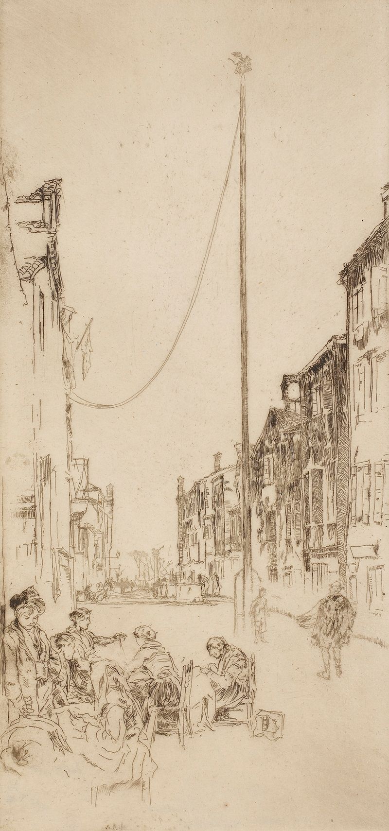 O Mastro Veneziano de James Abbott McNeill Whistler, pintura a óleo de um alto mastro contra um fundo nebuloso.