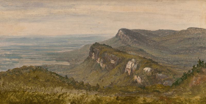 The Trapps, Shawangunk Mountains de Sanford Robinson Gifford, pintura a óleo que retrata o crepúsculo sobre montanhas.