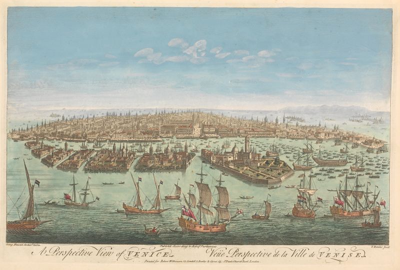 A Perspective View of Venice engraving by Thomas Bowles III depicting gondolas on serene canals.