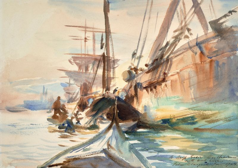 Pintura a óleo de John Singer Sargent mostrando figuras descarregando barcos em um porto.