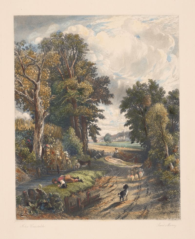 Paisagem de um campo de milho sob um céu luminoso por Louis Marvy, pintura a óleo