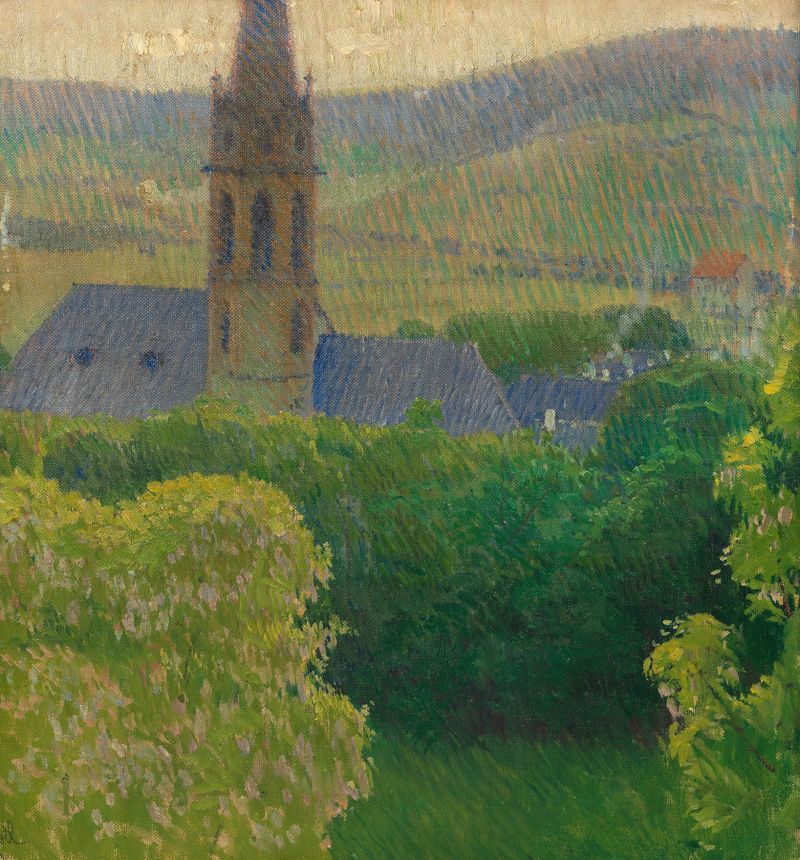 Blick auf die Heiligenstädter Pfarrkirche de Carl Moll, pintura al óleo que representa una iglesia y paisaje.
