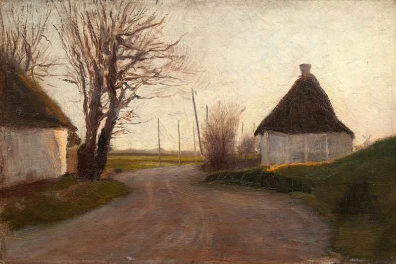 Landscape by Laurits Andersen Ring, oil painting featuring lush greenery and dramatic clouds.