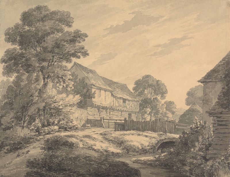 Fazenda e Edifícios à Beira de um Riacho, pintura a óleo de Thomas Hearne