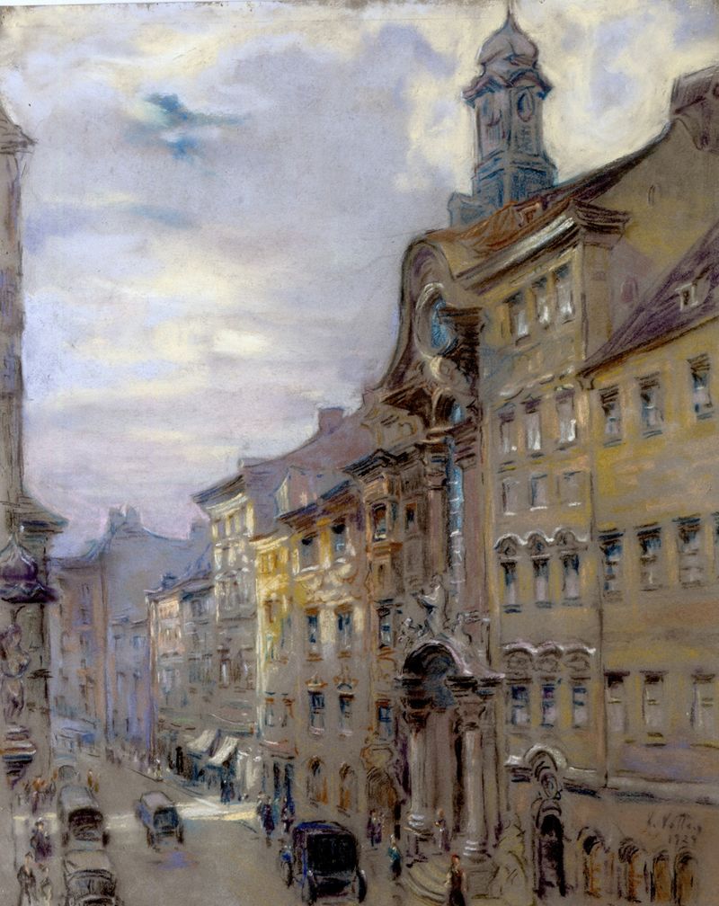 Die Sendlinger Straße in München, oil on canvas by Charles Vetter, featuring Asamkirche.