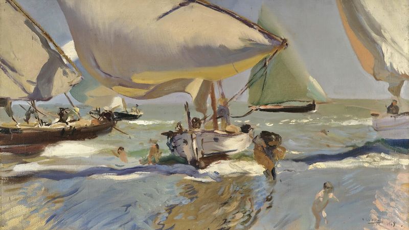 Boats on the shore, oil on canvas by Joaquín Sorolla