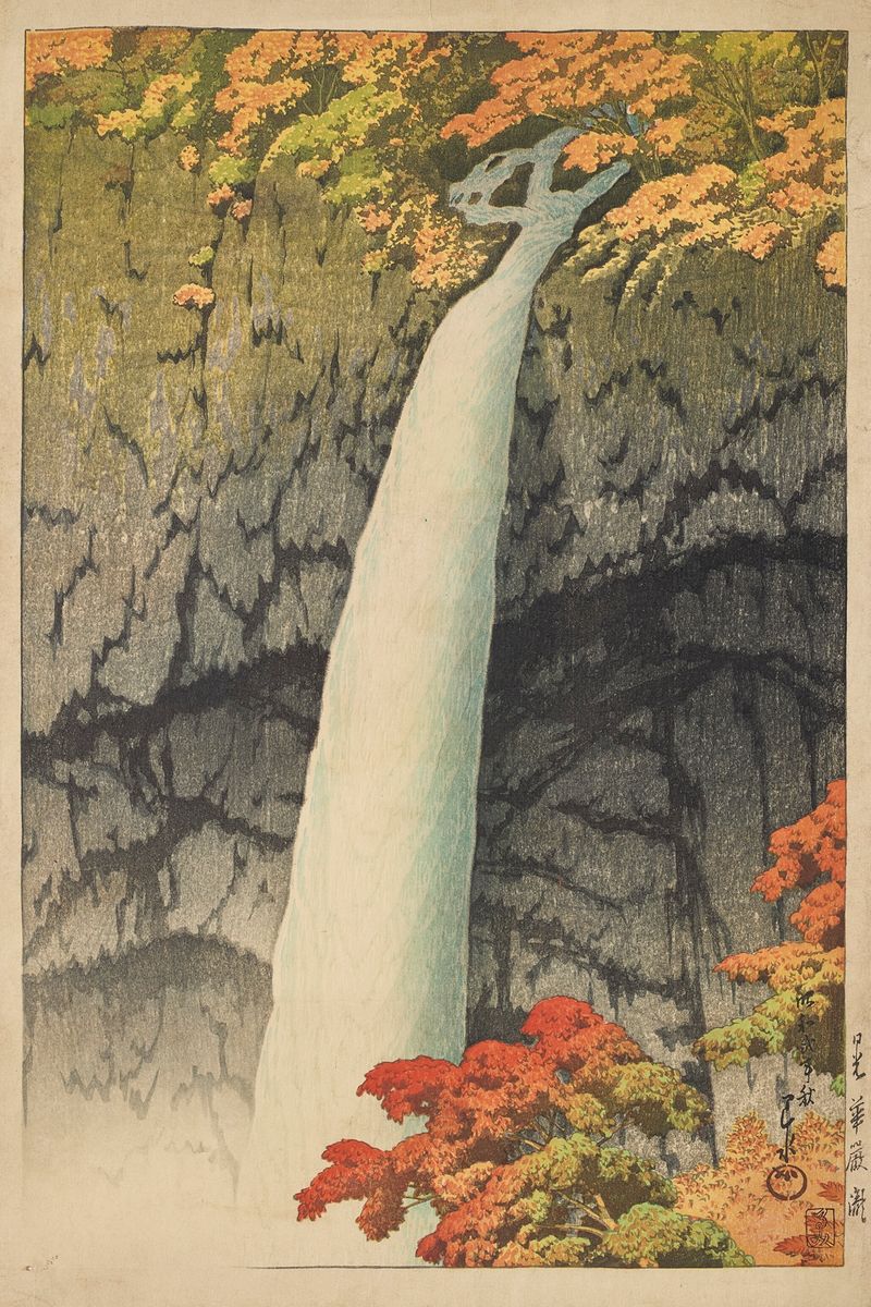 Nikko Kegon taki gravura em madeira de Kawase Hasui retratando uma cachoeira e uma paisagem rochosa