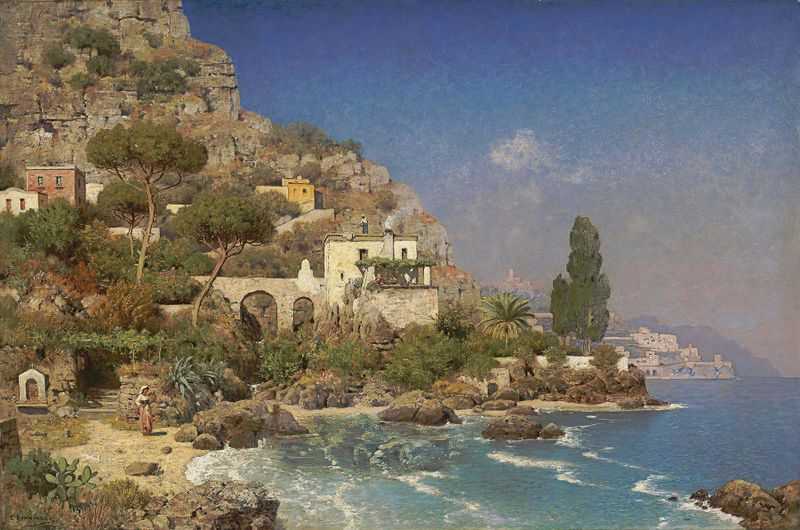 A View Of The Amalfi Coast by Edmund Berninger, impressionist oil painting depicting a tranquil marine scene.