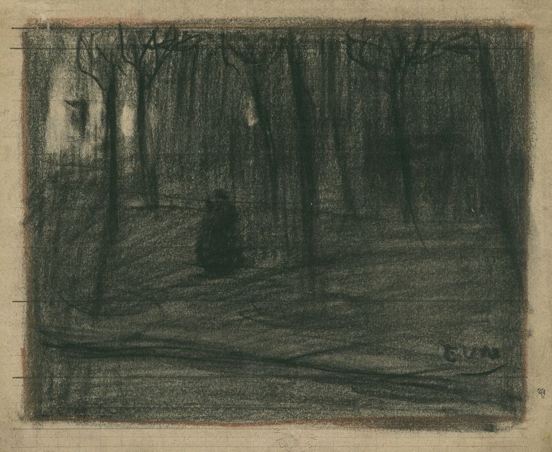 Pintura al óleo de paisaje de Eugeen Van Mieghem que representa un bosque con luz solar.