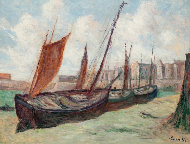 Óleo sobre tela de Maximilien Luce mostrando barcos de pesca em uma praia