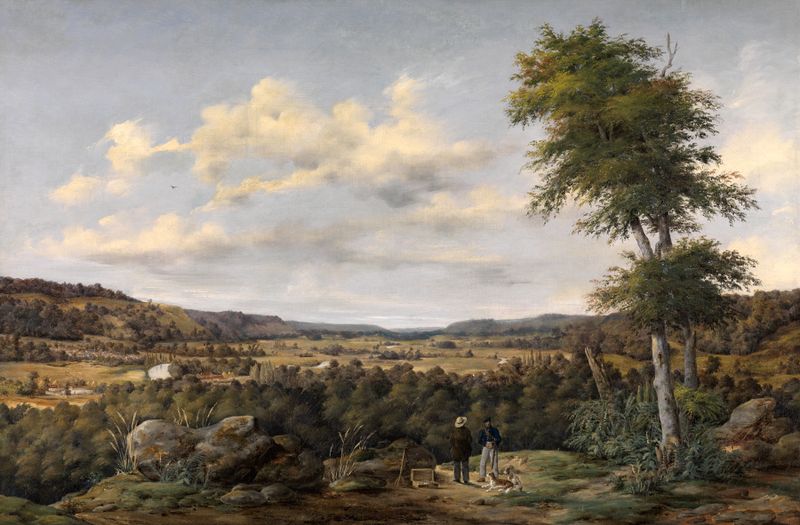 Landschaft in Belgien de Johann Wilhelm Schirmer, óleo sobre lienzo que representa colinas y un cielo tenue.