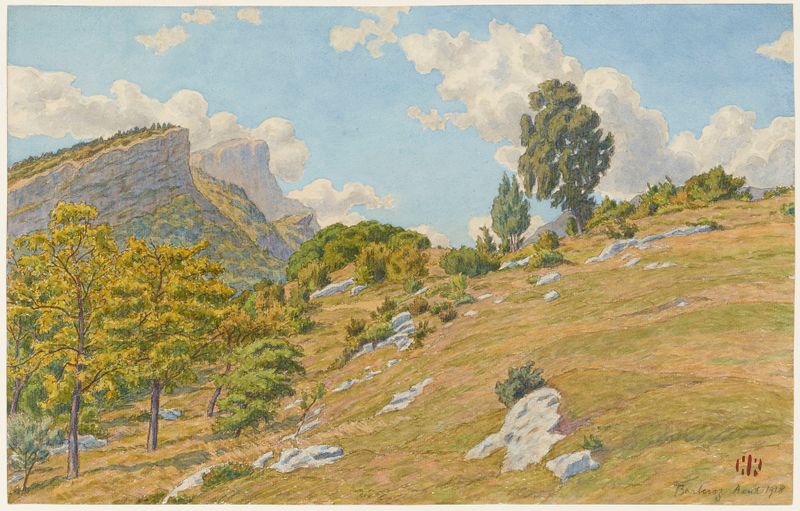 Plateaux de Barberaz, litografía de Henri Rivière que representa un paisaje con luz y sombra.