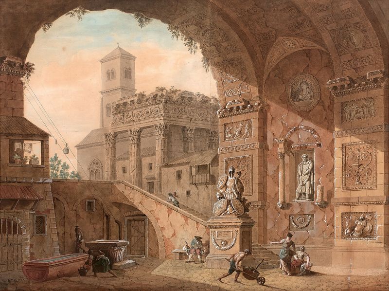 Caprice de ruines antiques by Charles Louis Clérisseau, ink on paper depicting ancient ruins