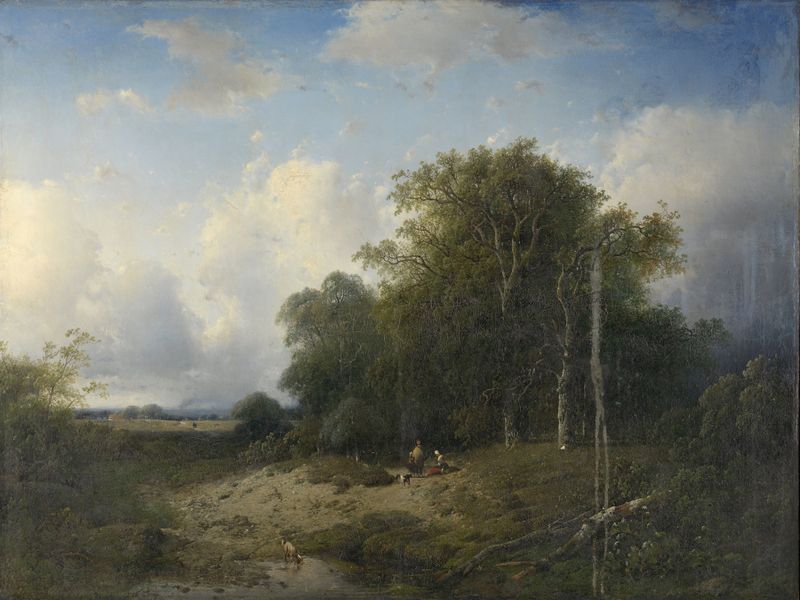 Paisaje de Frederik Hendrik Hendriks, óleo sobre lienzo que muestra colinas exuberantes y flora vibrante.